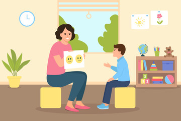 Child psychologist showing pictures to the boy. Kid counselling session in informal cozy office interior. Family psychotherapy session for children with mental problems.Vector illustration