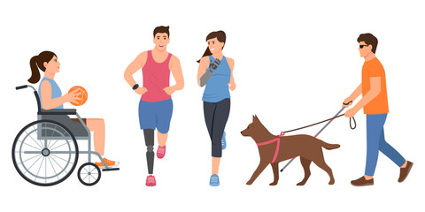Set of people of disability. Diverse active characters with prosthesis and in wheelchair with basket ball Happy people leads an active lifestyle. Flat vector illustration..