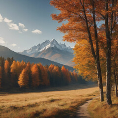 Nature outdoor fall autumn landscape background with mountains and field forest