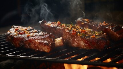 Sizzling Ribs Grilling with Aromatic Smoke,