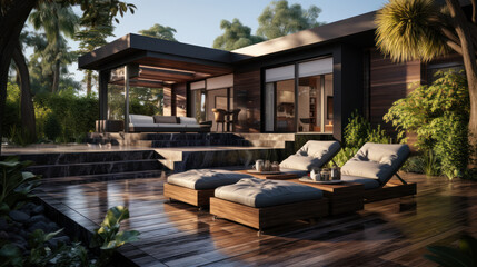 modern dark villa with open plan living and private chair wing with small terrace for relaxation, Generative AI