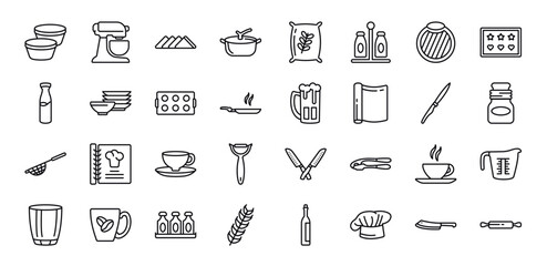 outline icons set from kitchen concept. editable vector such as custard cup, mixer, napkin, saucer, chef hat, cleaver, rolling pin icons.