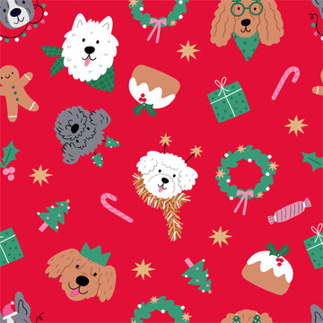 Cute cartoon Christmas dogs - vector prin in flat style. Holidays pet in Christmas hat and decor elements. Seamless pattern