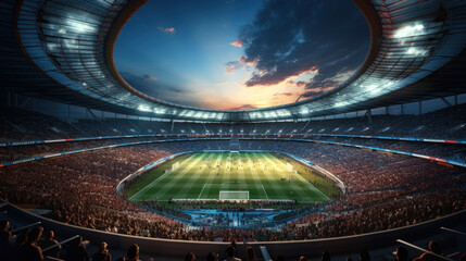 view inside soccer stadium with Fans on stadium game and audiences people celebration, Generative AI. wide angle lens - obrazy, fototapety, plakaty