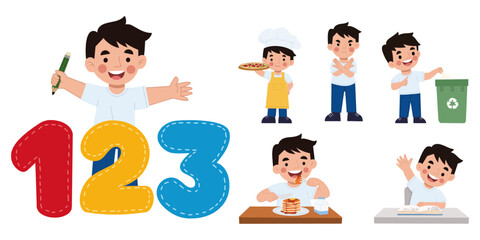 set of boy character poses collection illustration children's day vector eps