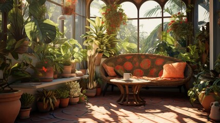 Sun-Kissed Corner Adorned with Lush Pot Plants, Creating a Peaceful Retreat,