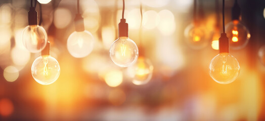 Closeup of hanging modern LED light bulbs with blurry bokeh background. Warm lighting, nice, cozy atmosphere, evening time - obrazy, fototapety, plakaty