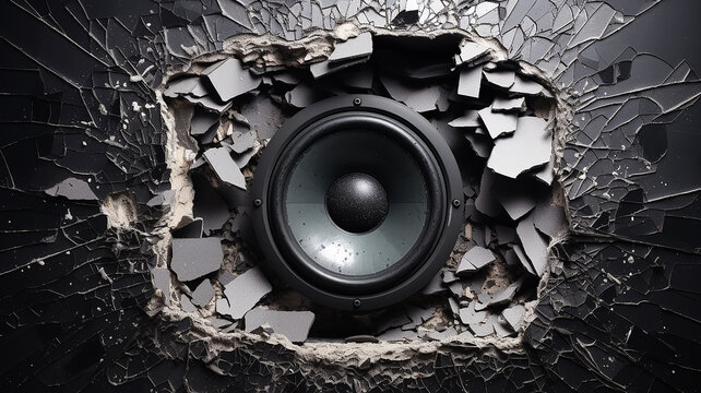 loud background music, cracks on the destroyed speaker from the powerful loud sound of music, abstract fictional background computer graphics