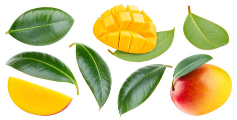 Mango clipping path. Collection mango isolated on white. Mango full depth of field - obrazy, fototapety, plakaty