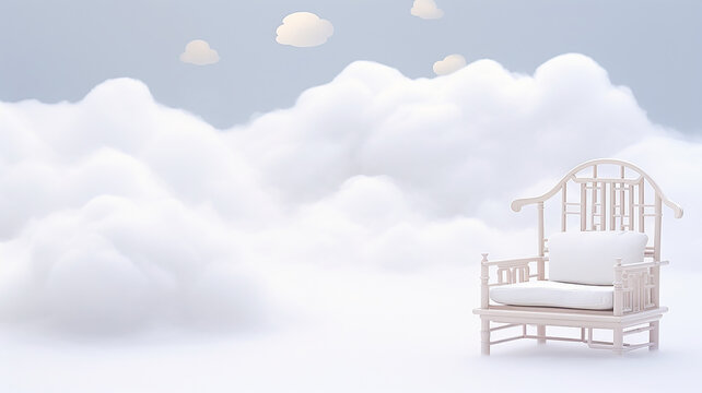 armchair in a white cloud interior, abstract white cloud background and a place to sit, light background with copy space
