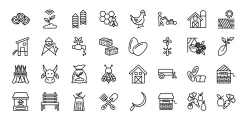 Fototapeta na wymiar outline icons set from agriculture farming concept. editable vector such as bale, smart farm, silo, fertilizer, water well, vegetables, vegetable icons.