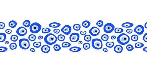 Turkish evil eye amulet seamless long horizontal banner. Blue Nazar talisman amulet repeat pattern. Vector good luck decor, print, card, border. Cartoon hand drawn eye of providence. Circle shapes. - 667510128