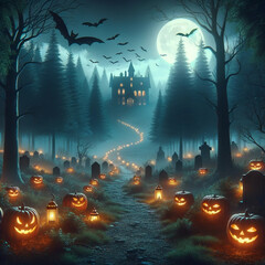 Photo of a hauntingly beautiful Halloween scene set in a dense foggy forest. Glowing jack-o'-lanterns line a winding path leading to a distant old man
