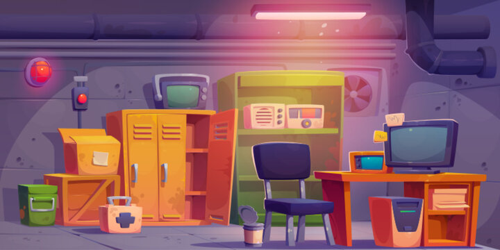 Bunker interior with furniture and equipment. Vector cartoon illustration of basement room with desk and chair, computer and radio, box on shelf, emergency lamp light, empty food can, safe place