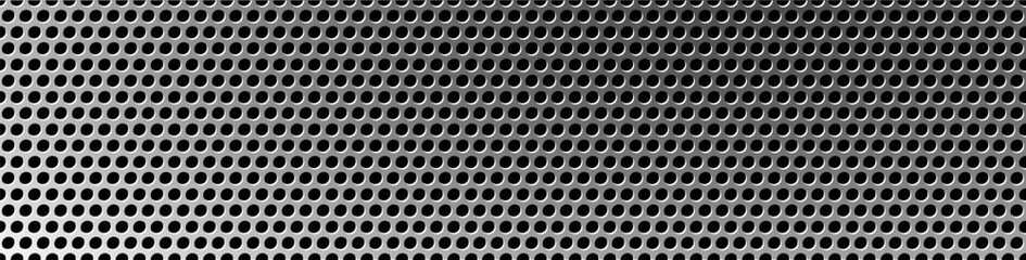 Perforated metal plate. Metal grill. Metal texture steel background. Perforated sheet metal. 3d shape titanium sheet. Circle mesh pattern background. Industrial texture. Steel speaker. Vector EPS10.