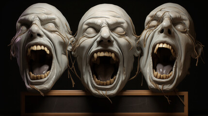 Three sculpted, open-mouthed heads.