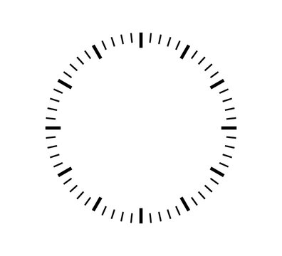 Blank mechanical clock face divided into seconds and minutes. Round meter scale. Watch dial. Timer template. Simple clock face. Vector illustration on white background.