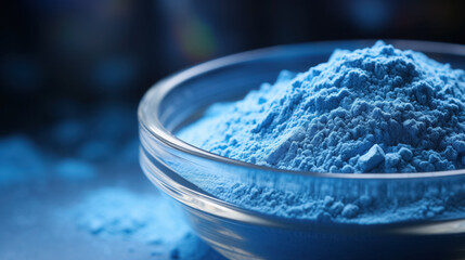 Vibrant blue matcha powder in a glass bowl.