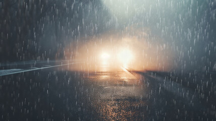 rain autumn headlights car highway fog, background with a copy of the space, oncoming car with fog lights in motion - obrazy, fototapety, plakaty
