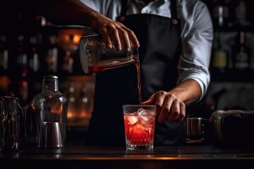 Bartender gently pours finished cocktail into glass and preparing to servings at bar, Alcohol drinks concept.