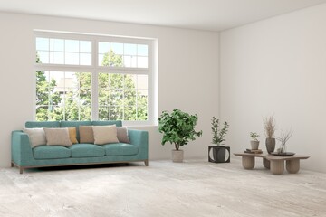 Bright interior design with modern furniture and summer landscape in window. 3D illustration