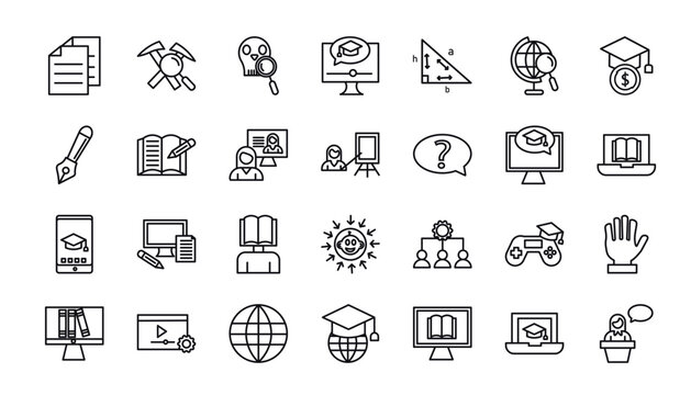 outline icons set from e learning and education concept. editable vector such as sheet, paleontology, elearning, trigonometry, blended learning, self-learning, lecture icons.