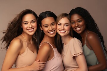 Obraz premium Portrait of happy diverse multi ethnic young women on beige background.