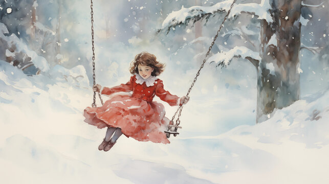 Girl in Red Dress Swinging on a Swing in Winter, Vintage Style, Watercolor
