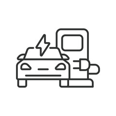 Electric car on EV station line icon. EV charging station. Electric vehicle charging station icon. Editable stroke. Vector illustration.
