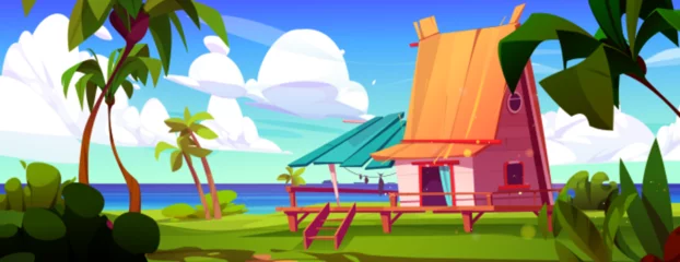 Poster Little hut on wooden stilts with terrace on sea or lake shore with green grass and palm trees. Beach house or cottage for summer recreation and resort. Cartoon vector landscape of sealine with shack. © klyaksun