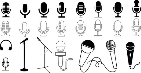 Microphone vector illustration set, black and white. Perfect for music, podcast, audio related designs. Includes different types, modern and vintage microphones, microphone stands