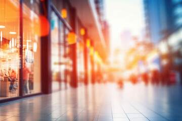 Abstract blur defocused background. People walking in city street with stores and cafe