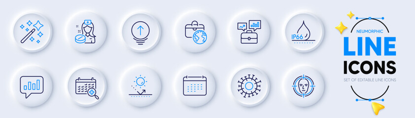 Magic wand, Business portfolio and Medical calendar line icons for web app. Pack of Sun protection, Coronavirus, Face detect pictogram icons. Analytical chat, Global business, Waterproof signs. Vector