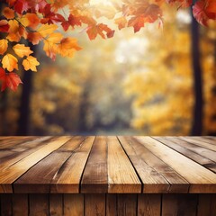 Naklejka na ściany i meble The empty wooden table top with blur background of autumn