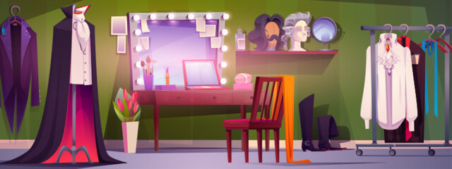 Backstage dressing and makeup room with mirror. Male dress costume for theatrical broadway illustration. Celebrity artist change studio with neon light cartoon background. Cloakroom place interior - obrazy, fototapety, plakaty