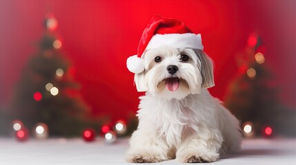 A charming dog in a Christmas hat surrounded by festive decorations