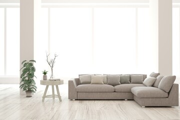White scandinavian interior design with sofa. 3D illustration