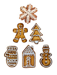Christmas gingerbread cookies with white glaze, in the shape of a snowflake, tree, snowman, house, mitten, man made from dough, ginger, spices, cinnamon, powdered sugar, honey, lemon zest, watercolor 