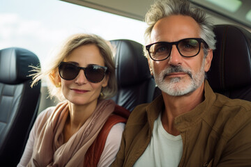 Travel photography of a mid aged couple on a train