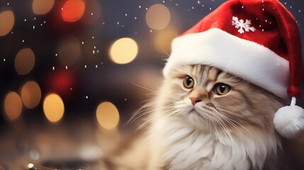 Cat in a Christmas hat with a festive background and empty space for text