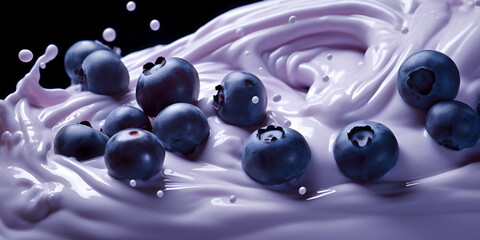 blueberries in Milk Shake.Blueberries falling into milk yogurt splash.Milk splash and ripe blueberries.Milk splash and ripe blueberries