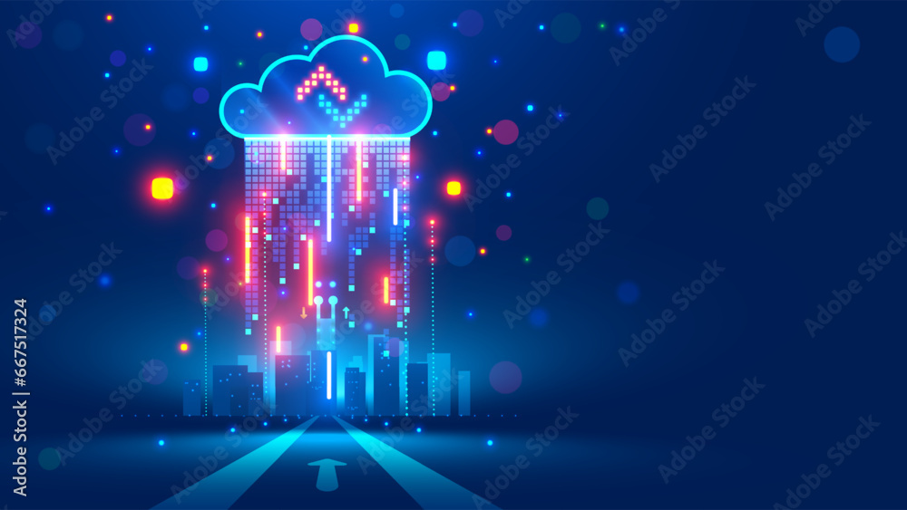 Poster Cloud computing concept. Remote cloud data storage communication with company computer network. Cloud services. Download, upload data on internet. Digital cloud icon over Smart City. Technology IOT.