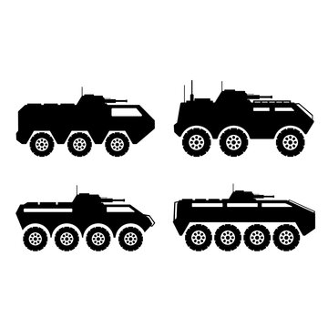 Military vehicle icon set. Armored personnel carrier silhouette for icon, symbol or sign. Armored vehicle icon for military, war, battlefield, conflict and defense