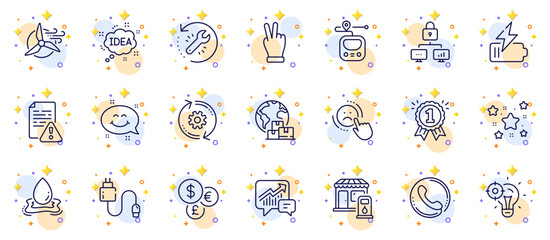 Outline set of Water splash, Call center and Money currency line icons for web app. Include Battery, Recovery tool, Instruction manual pictogram icons. Cogwheel, Victory hand, Metro signs. Vector