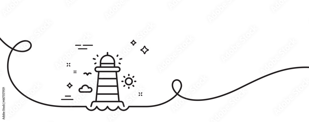 Poster lighthouse line icon. continuous one line with curl. beacon tower sign. searchlight building symbol.