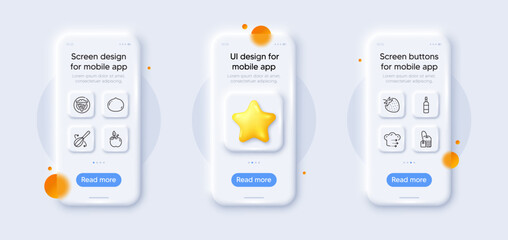 Crepe, Macadamia nut and Food delivery line icons pack. 3d phone mockups with star. Glass smartphone screen. Eco food, Strawberry, Tea bag web icon. Brandy bottle, Cooking whisk pictogram. Vector