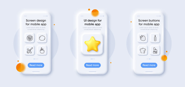 Crepe, Macadamia nut and Food delivery line icons pack. 3d phone mockups with star. Glass smartphone screen. Eco food, Strawberry, Tea bag web icon. Brandy bottle, Cooking whisk pictogram. Vector