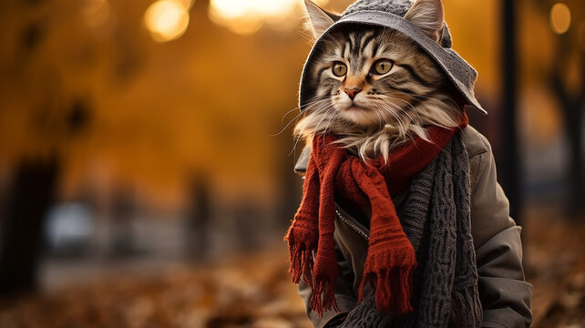 cat in autumn clothes in autumn park leaf fall, change autumn season calendar, joke