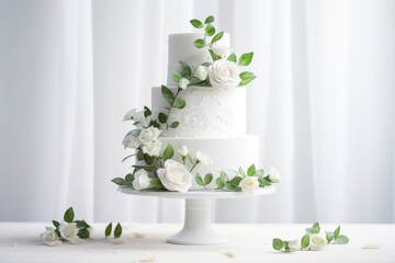 Wedding tiered cake decorated with eucalyptus and white flowers