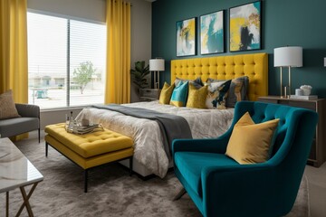 Stylish bedroom with mid-century modern decor, teal theme, staged furniture, and vibrant yellow accent chair. Generative AI